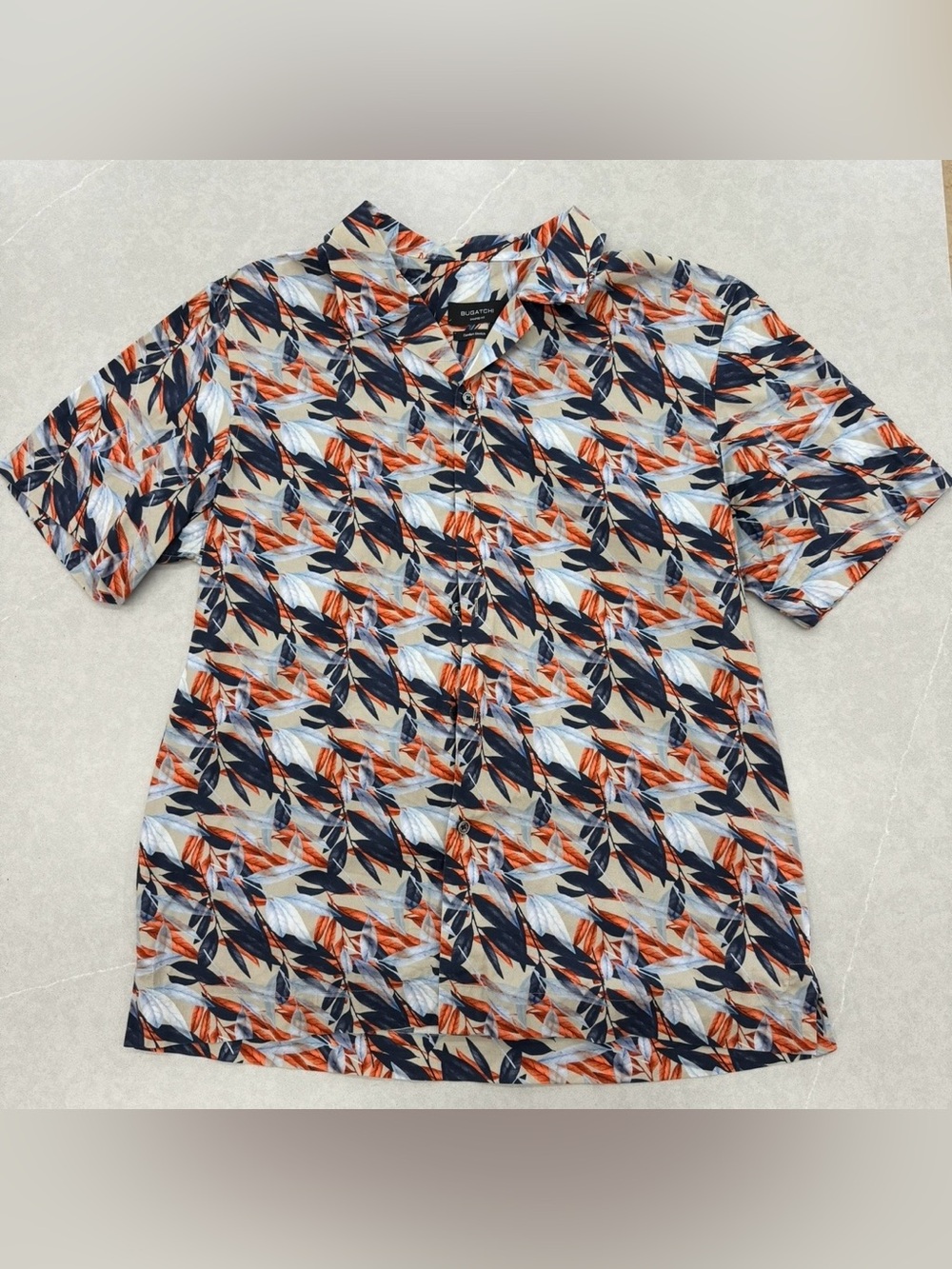 Bugatchi Short Sleeve Button-Down Shirt - Navy/Orange/White